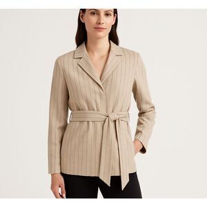 Lattelier Linen Pinstripe Belted Blazer Jacket Beige Large NWT